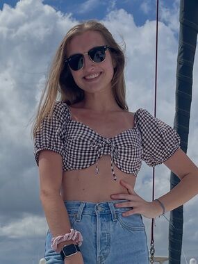 wild fable Brown Gingham Puff-Sleeve Tie-Front Crop Top
